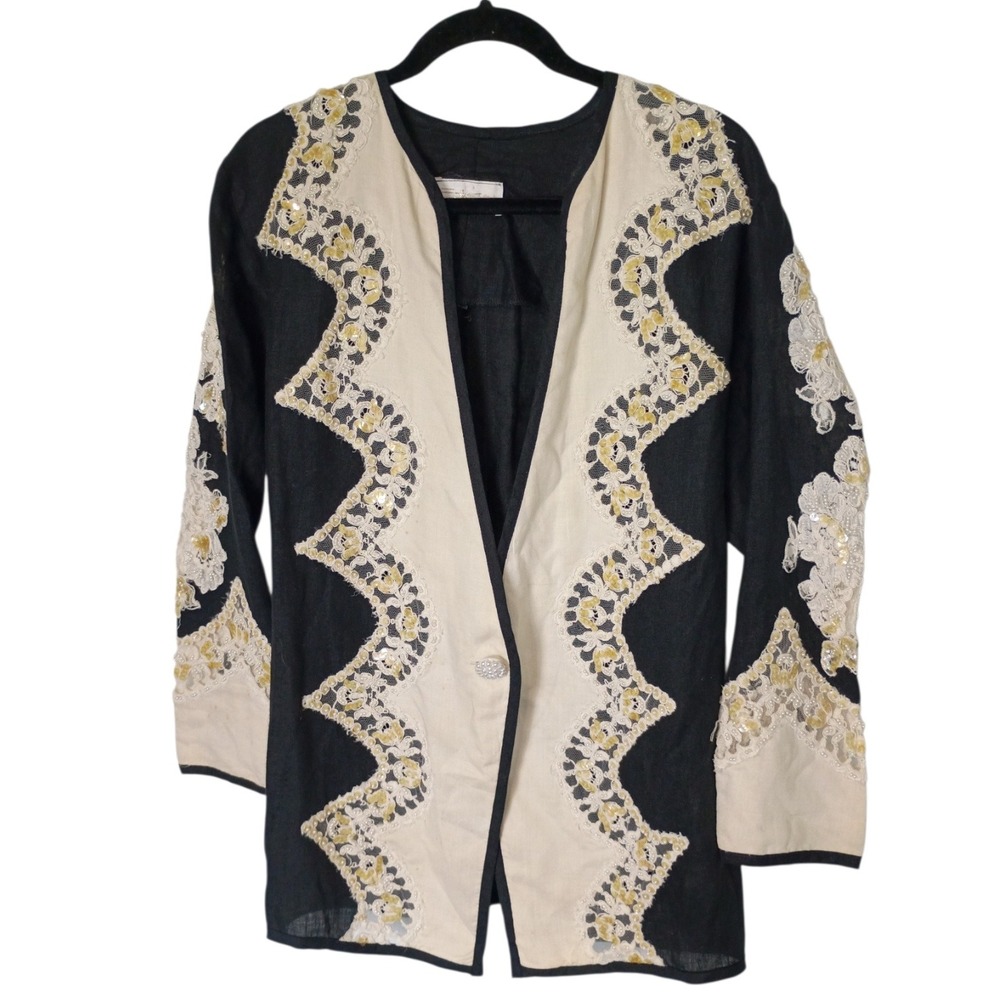 Vintage Erika Ltd Collezione Linen Blazer Black Cream Lace Sequin Beads Jacket M